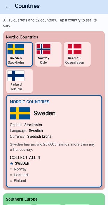 The Countries browser in Country Quartet with the Sweden card open, showing its flag, capital Stockholm, language Swedish, currency Swedish krona, a fun fact and a Collect all 4 list of the Nordic Countries