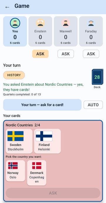 A Country Quartet game screen: the player and three opponents named Einstein, Maxwell and Faraday each hold six cards, and the player holds Sweden and Finland from the Nordic Countries and is choosing between Norway and Denmark to ask for