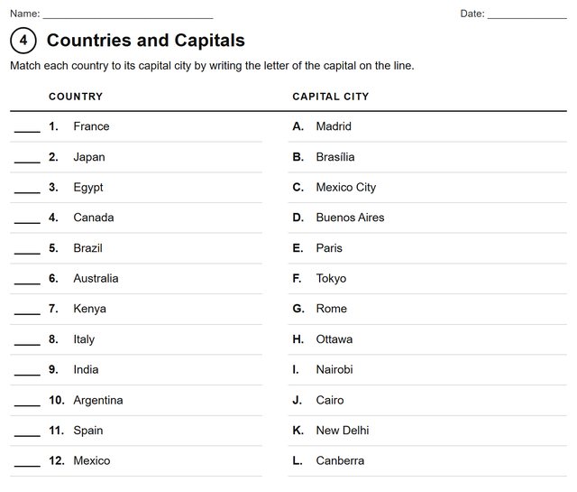 Activity 4 from the pack: twelve countries to match with their capital cities