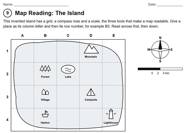Activity 9 from the pack: a map of an invented island with a grid, compass rose and scale bar