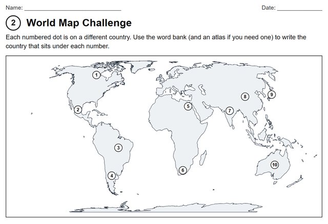 Page 2 of the free geography pack: a blank world map with ten numbered countries and answer lines below